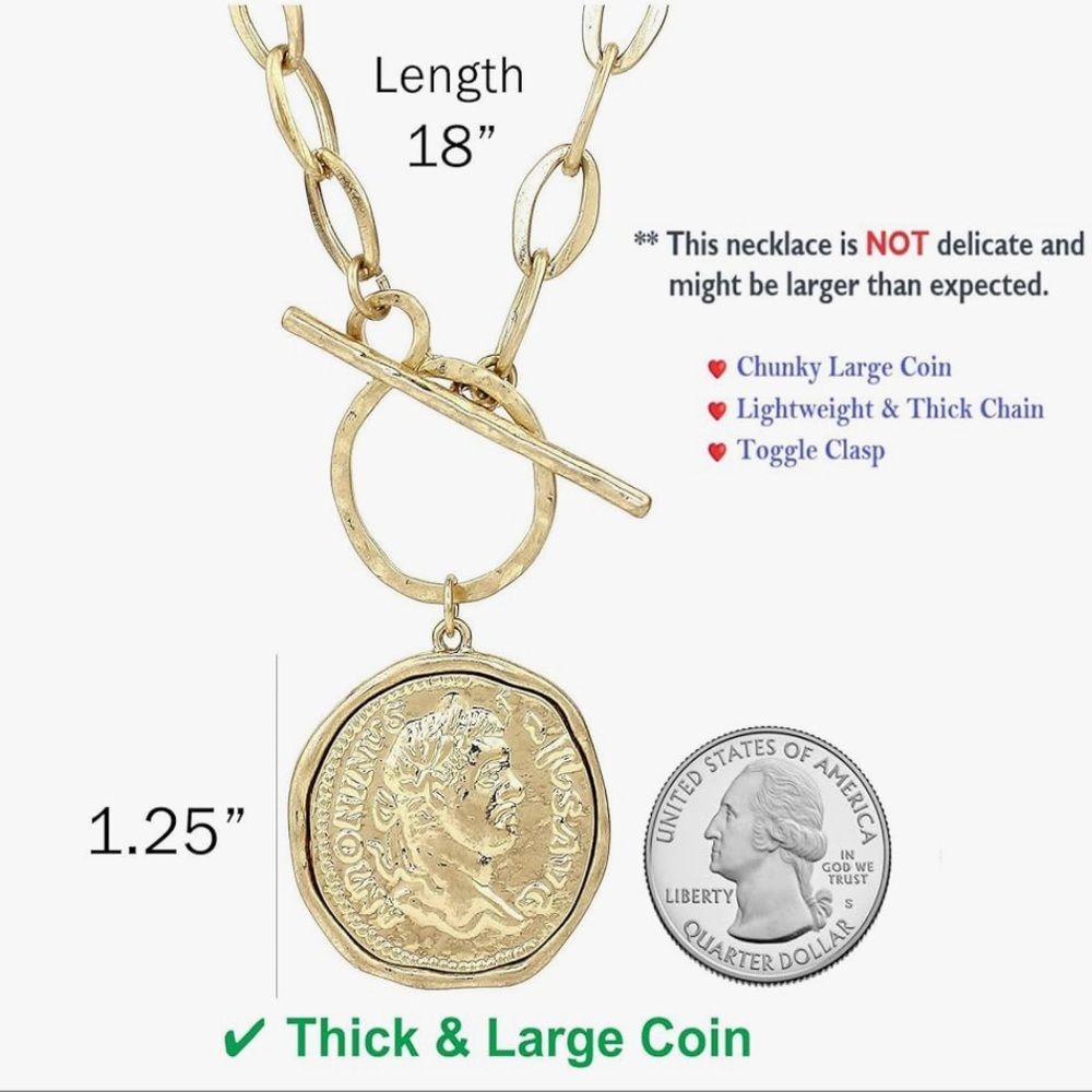 14K Gold Coin Medallion Necklace Chunky Toggle Chain Statement Pendant 18” Bold - Picture 5 of 5